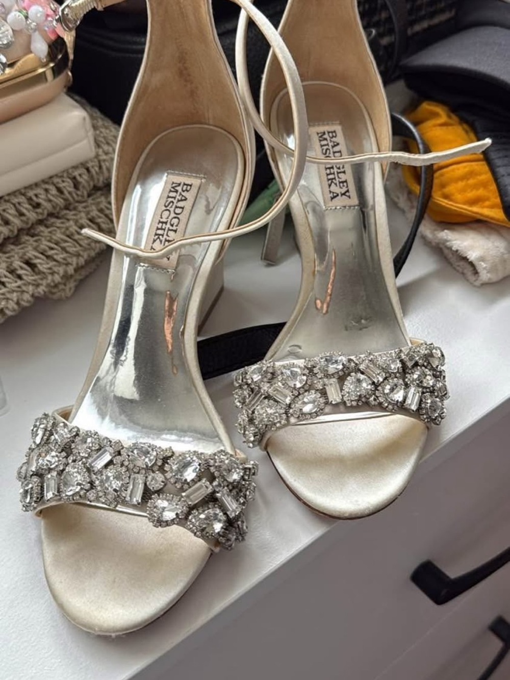 Badgley Mischka Ivory Satin Jeweled Open-Toe Heels